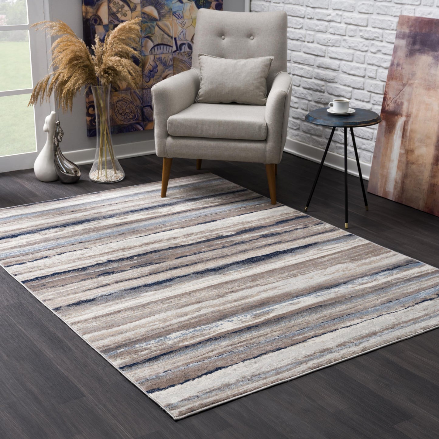 4' X 6' Blue And Beige Distressed Stripes Area Rug