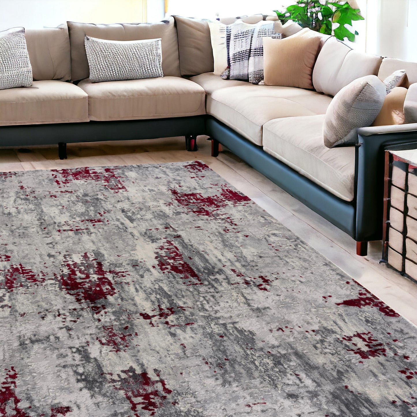 5' X 7' Red Abstract Dhurrie Area Rug