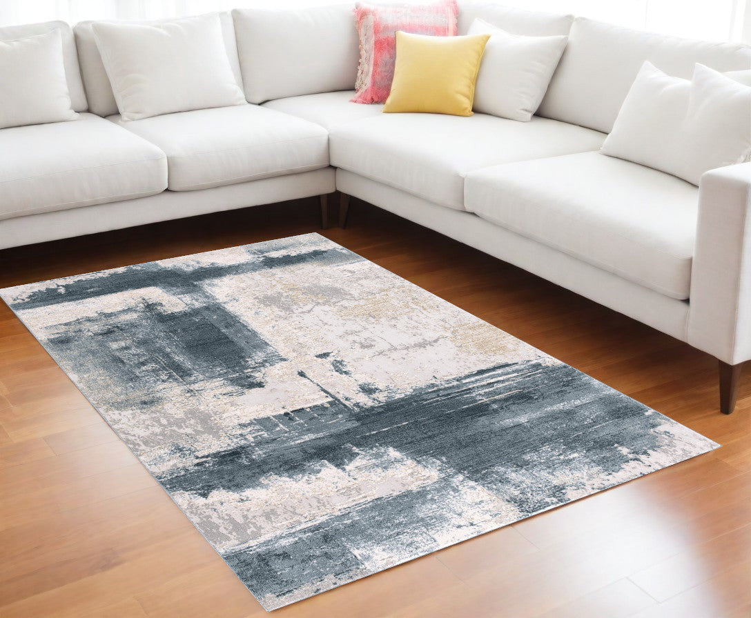 5' X 7' Blue And Ivory Abstract Dhurrie Area Rug