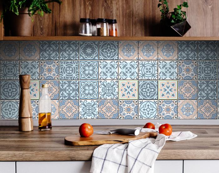 4" X 4" Baby Blue And Peach Mosaic Peel And Stick Removable Tiles