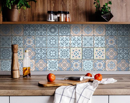 4" X 4" Baby Blue And Peach Mosaic Peel And Stick Removable Tiles