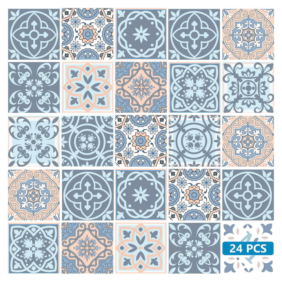 6" X 6" Baby Blue And Peach Mosaic Peel And Stick Removable Tiles