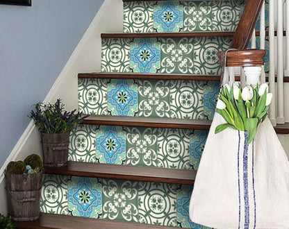 4" X 4" Sage And Aqua Floral Peel And Stick Removable Tiles