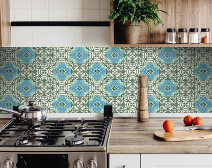 4" X 4" Sage And Aqua Floral Peel And Stick Removable Tiles