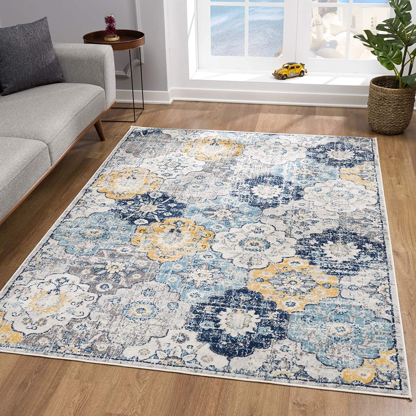 15' Runner Blue and Yellow Floral Runner Rug