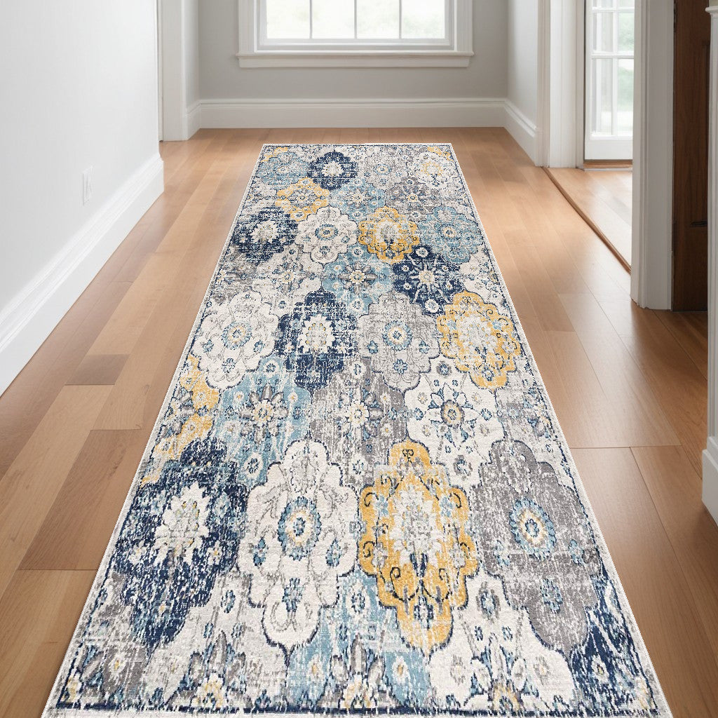 15' Runner Blue and Yellow Floral Runner Rug