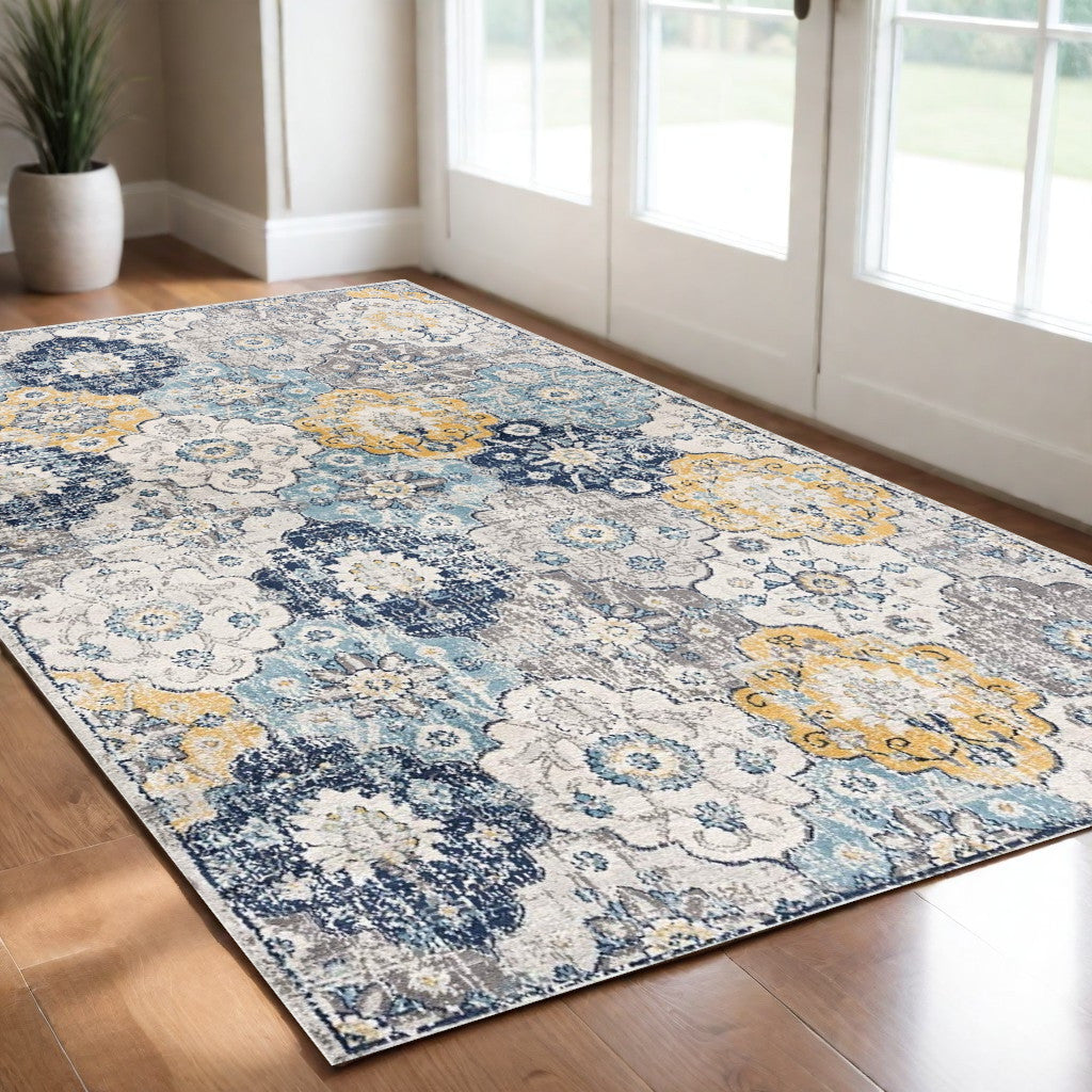 15' Runner Blue and Yellow Floral Runner Rug