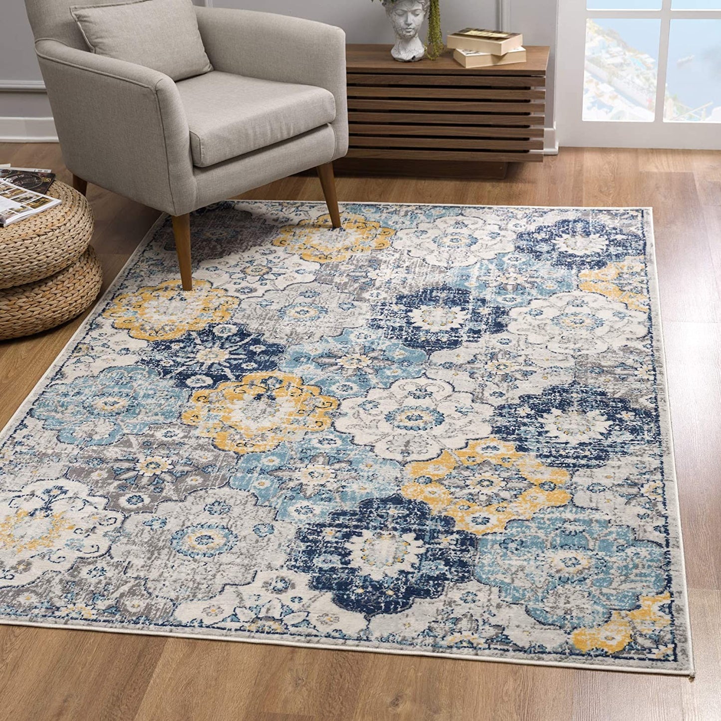 15' Runner Blue and Yellow Floral Runner Rug