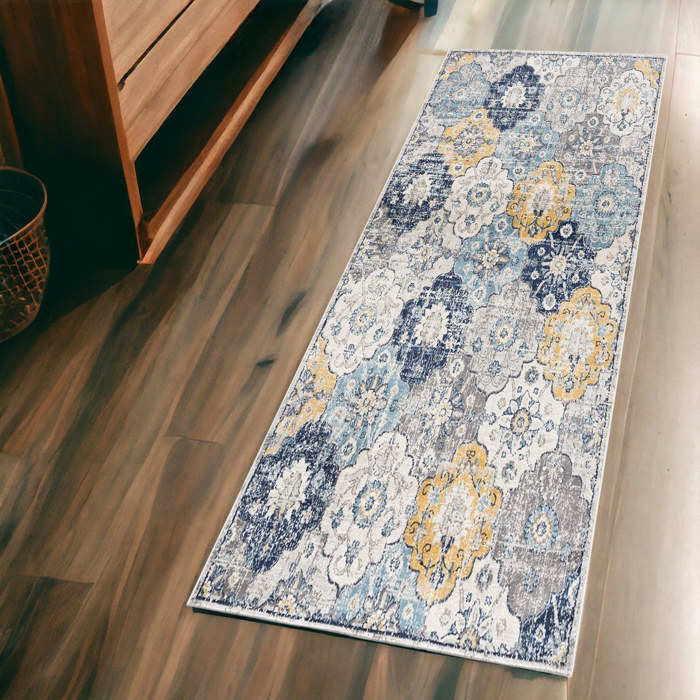 15' Runner Blue and Yellow Floral Runner Rug