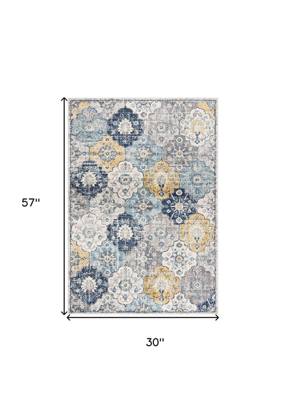 15' Runner Blue and Yellow Floral Runner Rug