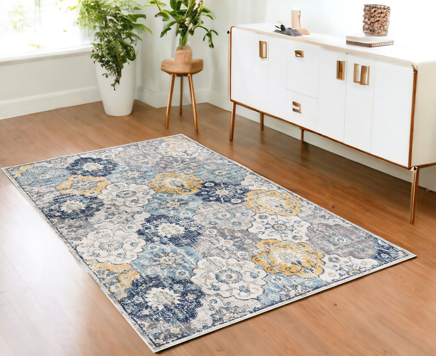 15' Runner Blue and Yellow Floral Runner Rug