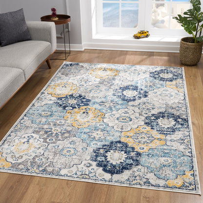 15' Runner Blue and Yellow Floral Runner Rug