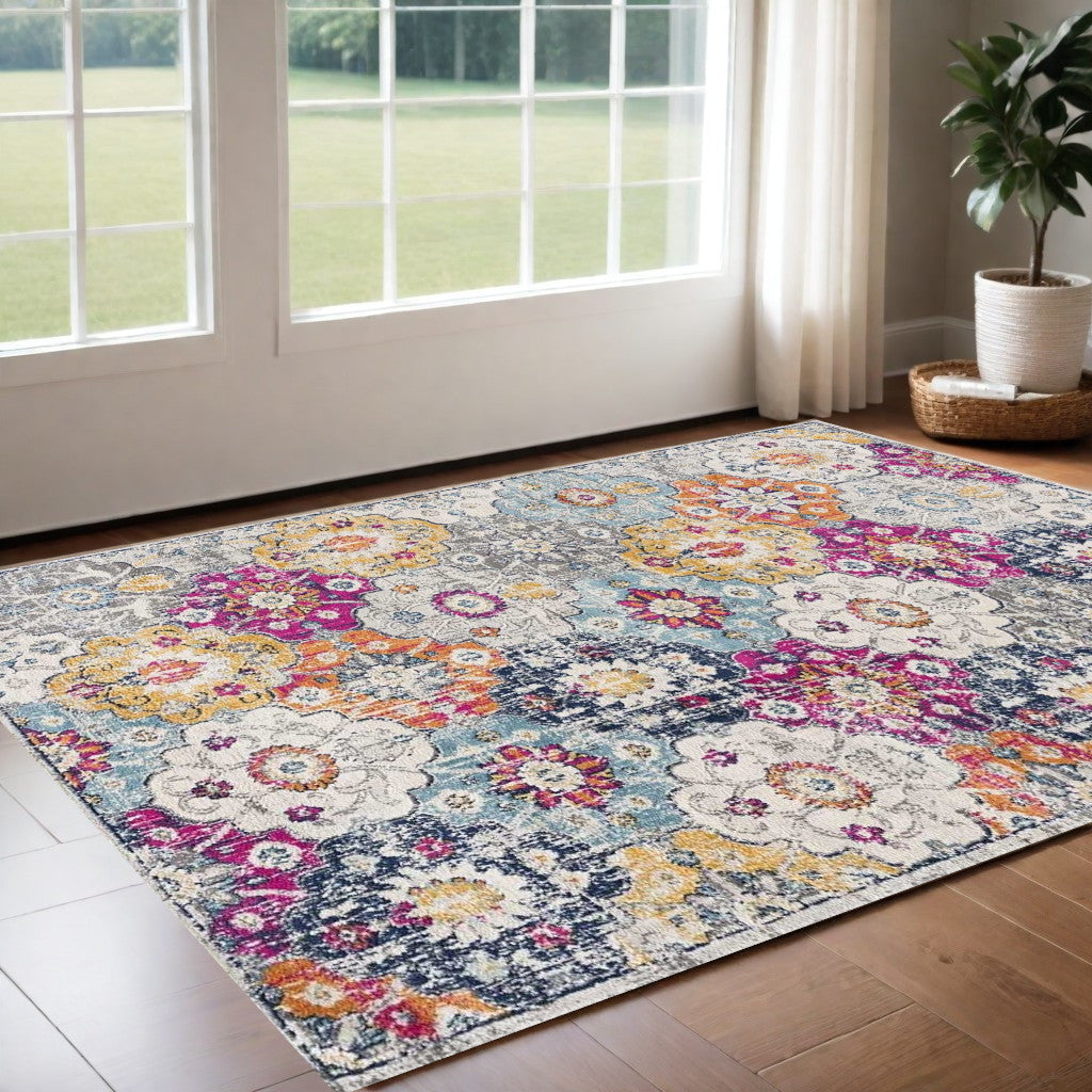 8' Runner Blue and Ivory Floral Runner Rug