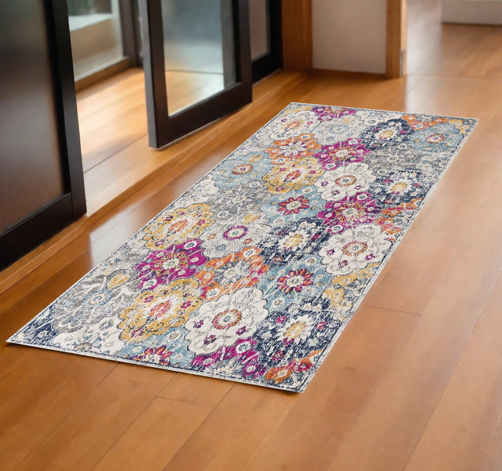 8' Runner Blue and Ivory Floral Runner Rug