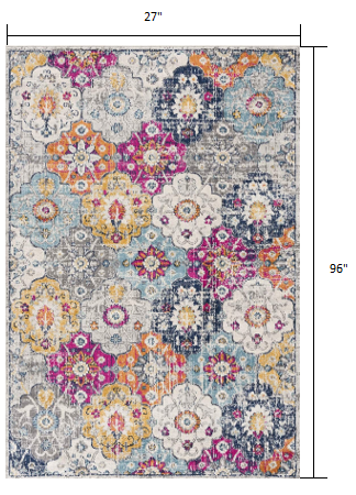 8' Runner Blue and Ivory Floral Runner Rug