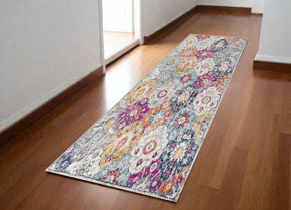 8' Runner Blue and Ivory Floral Runner Rug