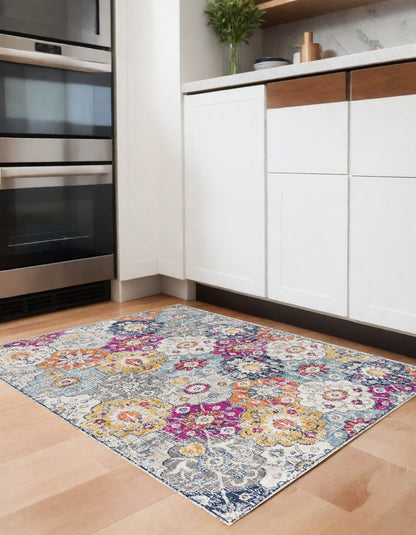 8' Runner Blue and Ivory Floral Runner Rug