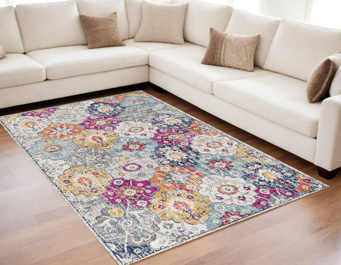 8' Runner Blue and Ivory Floral Runner Rug