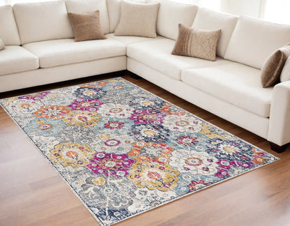 8' Runner Blue and Ivory Floral Runner Rug