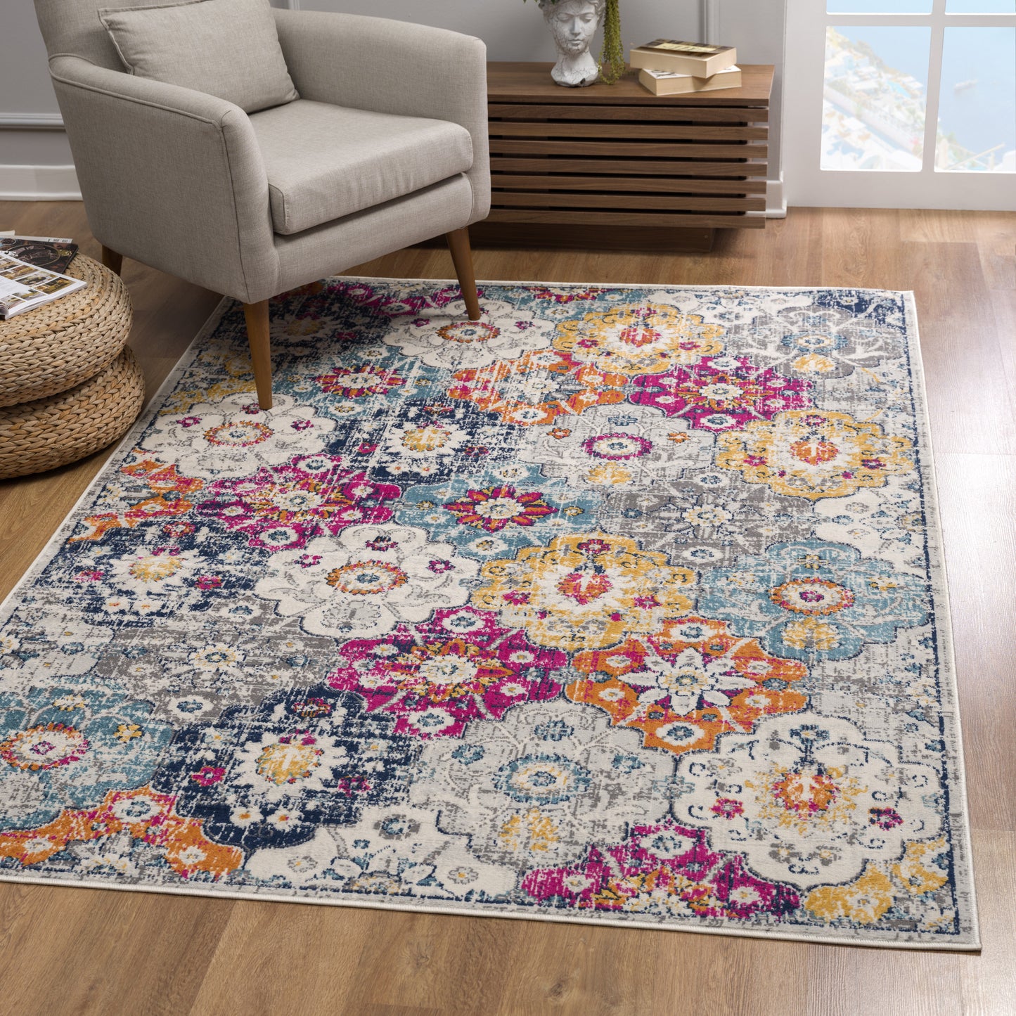 8' Runner Blue and Ivory Floral Runner Rug