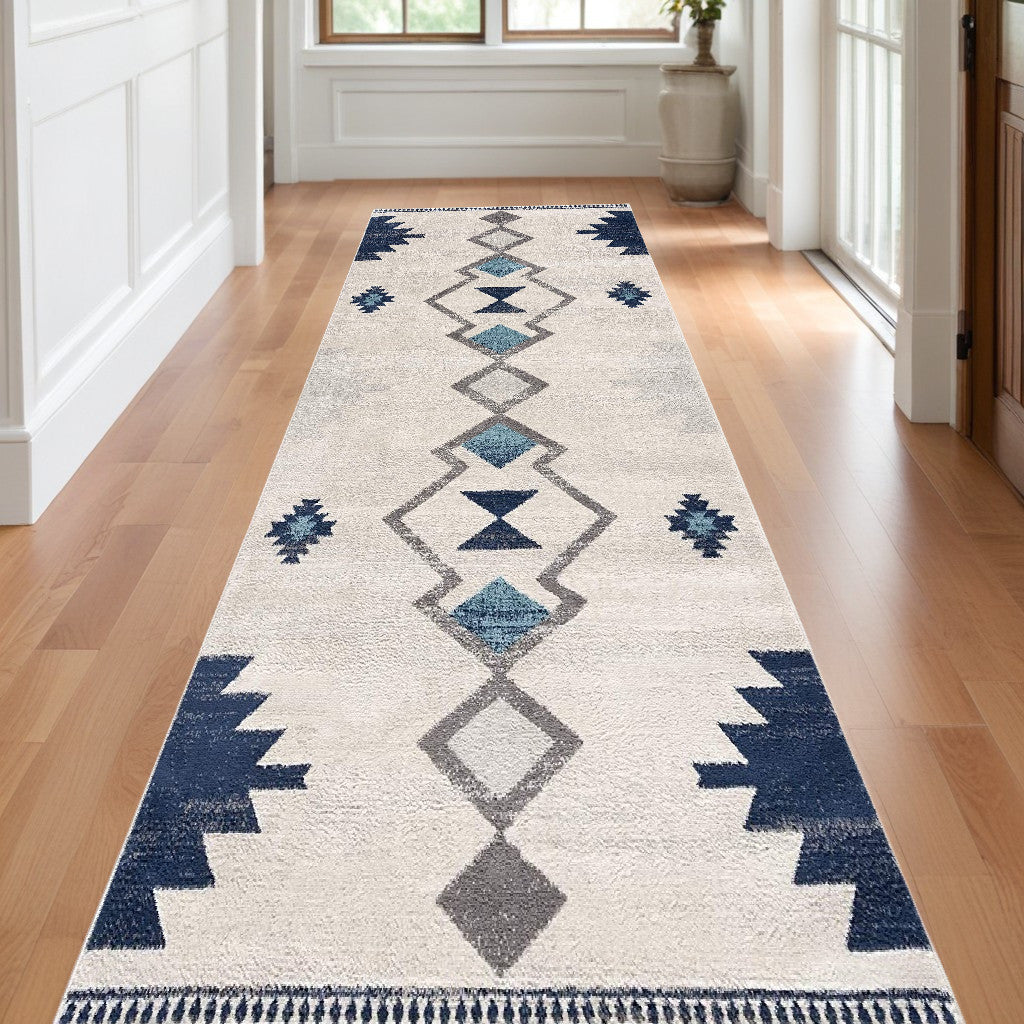 13' Runner Blue and Ivory Southwestern Runner Rug