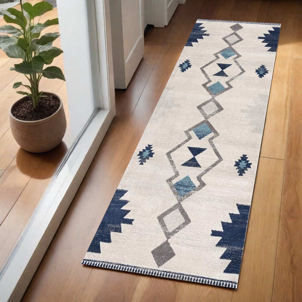 13' Runner Blue and Ivory Southwestern Runner Rug