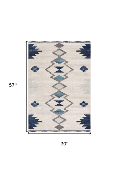 13' Runner Blue and Ivory Southwestern Runner Rug