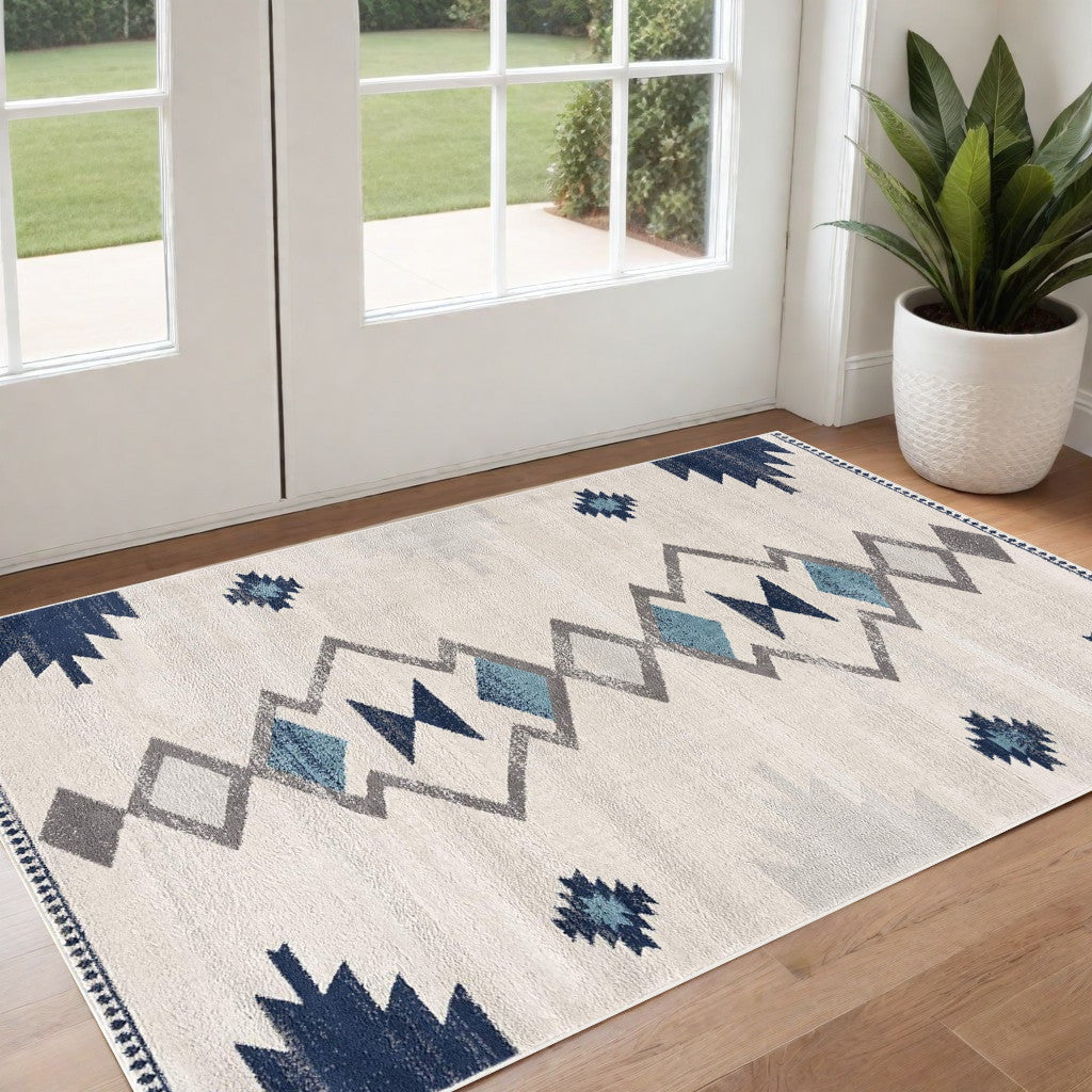 13' Runner Blue and Ivory Southwestern Runner Rug