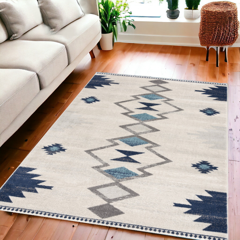 13' Runner Blue and Ivory Southwestern Runner Rug