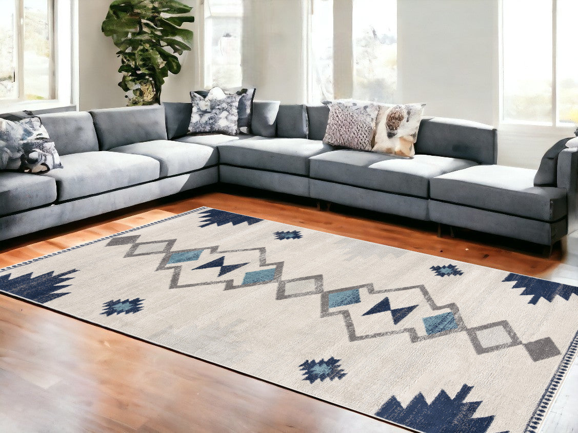 13' Runner Blue and Ivory Southwestern Runner Rug