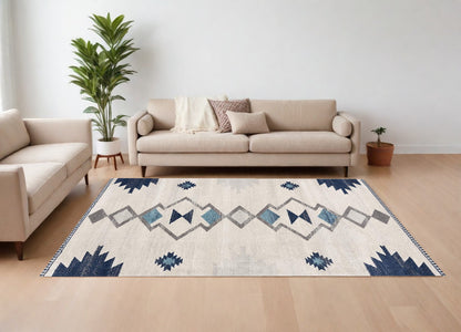 13' Runner Blue and Ivory Southwestern Runner Rug