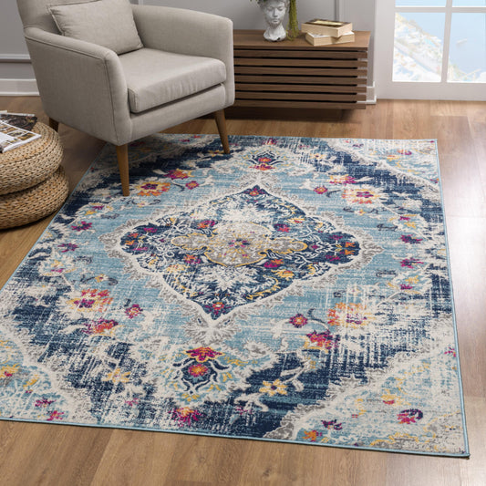 2' X 5' Blue and Ivory Medallion Area Rug