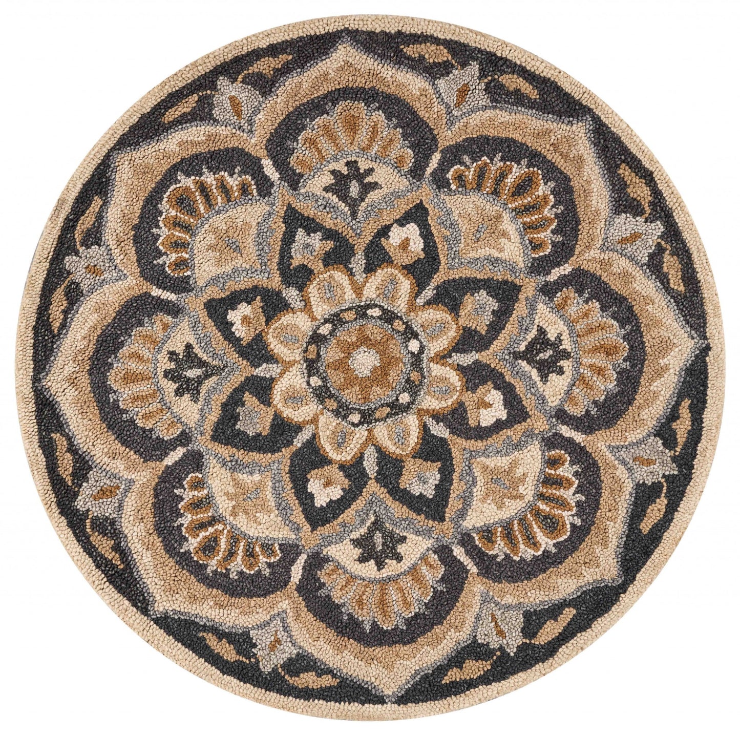 4' Round Black Flower Blossom Area Rug