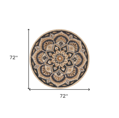 4' Round Black Flower Blossom Area Rug