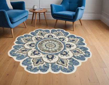 6' Blue And Green Round Wool Hand Tufted Area Rug