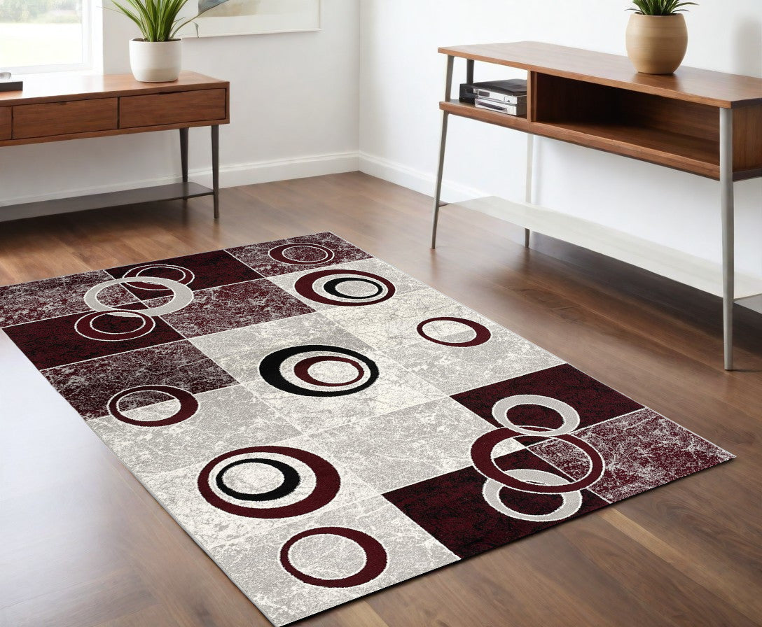 2' X 4' Red Abstract Dhurrie Area Rug