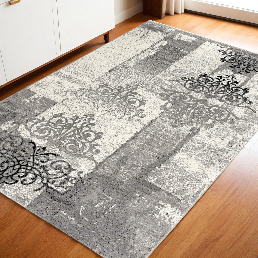 3' X 5' Gray Damask Dhurrie Area Rug