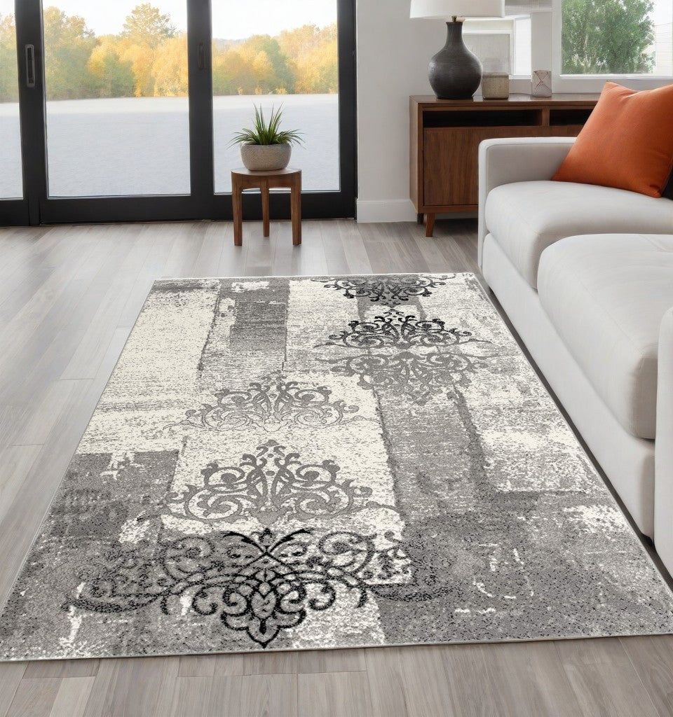 3' X 5' Gray Damask Dhurrie Area Rug