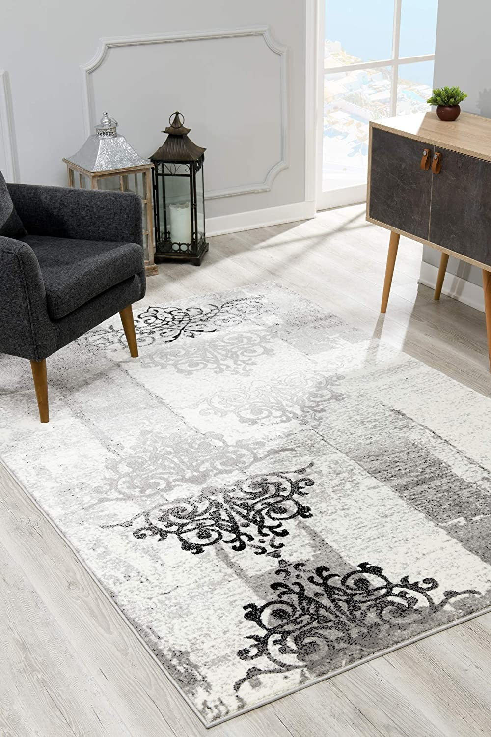 3' X 5' Gray Damask Dhurrie Area Rug