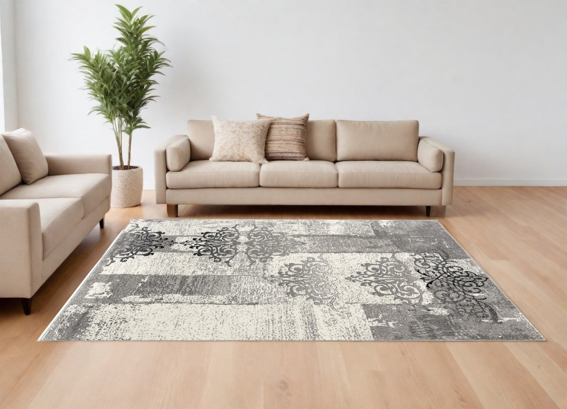 3' X 5' Gray Damask Dhurrie Area Rug