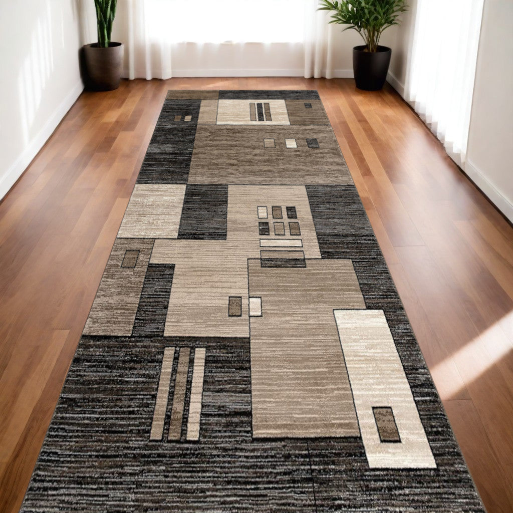 10' Beige Abstract Power Loom Runner Rug