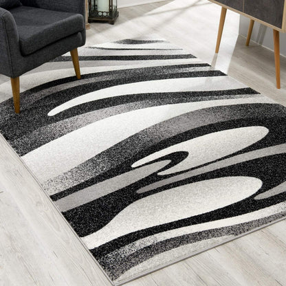 10' Black Gray and White Marble Power Loom Runner Rug