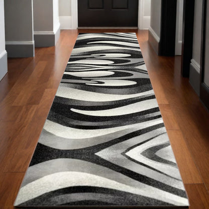 10' Black Gray and White Marble Power Loom Runner Rug