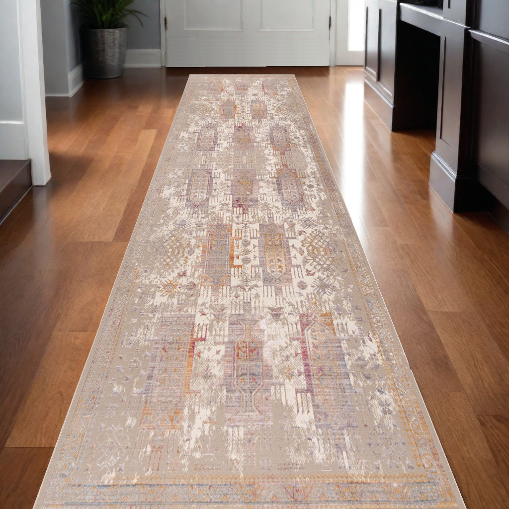 10' Runner Beige and Ivory Medallion Power Loom Runner Rug