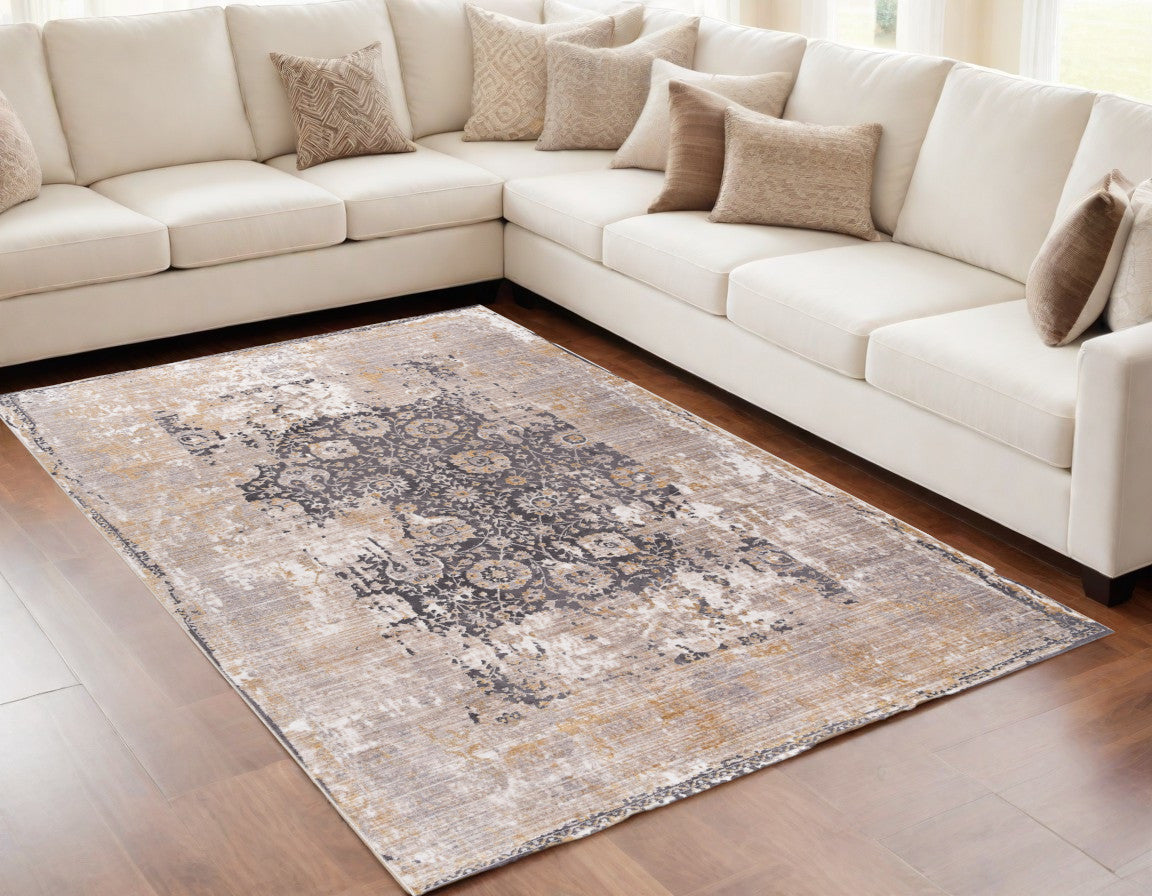 10' Runner Gray and Ivory Oriental Power Loom Runner Rug