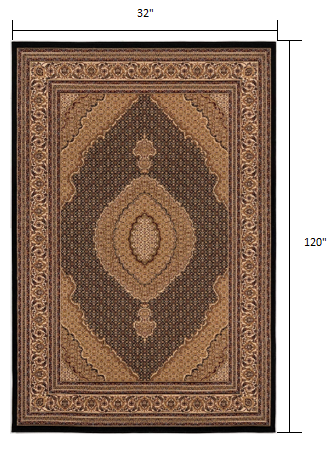 10' Runner Beige and Black Medallion Power Loom Runner Rug