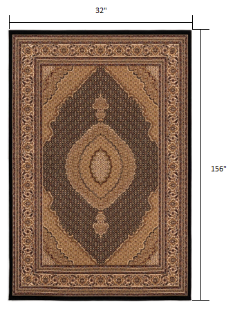 10' Runner Beige and Black Medallion Power Loom Runner Rug