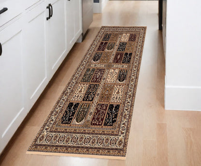 10' Runner Beige and Black Oriental Power Loom Runner Rug