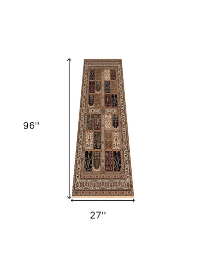 10' Runner Beige and Black Oriental Power Loom Runner Rug