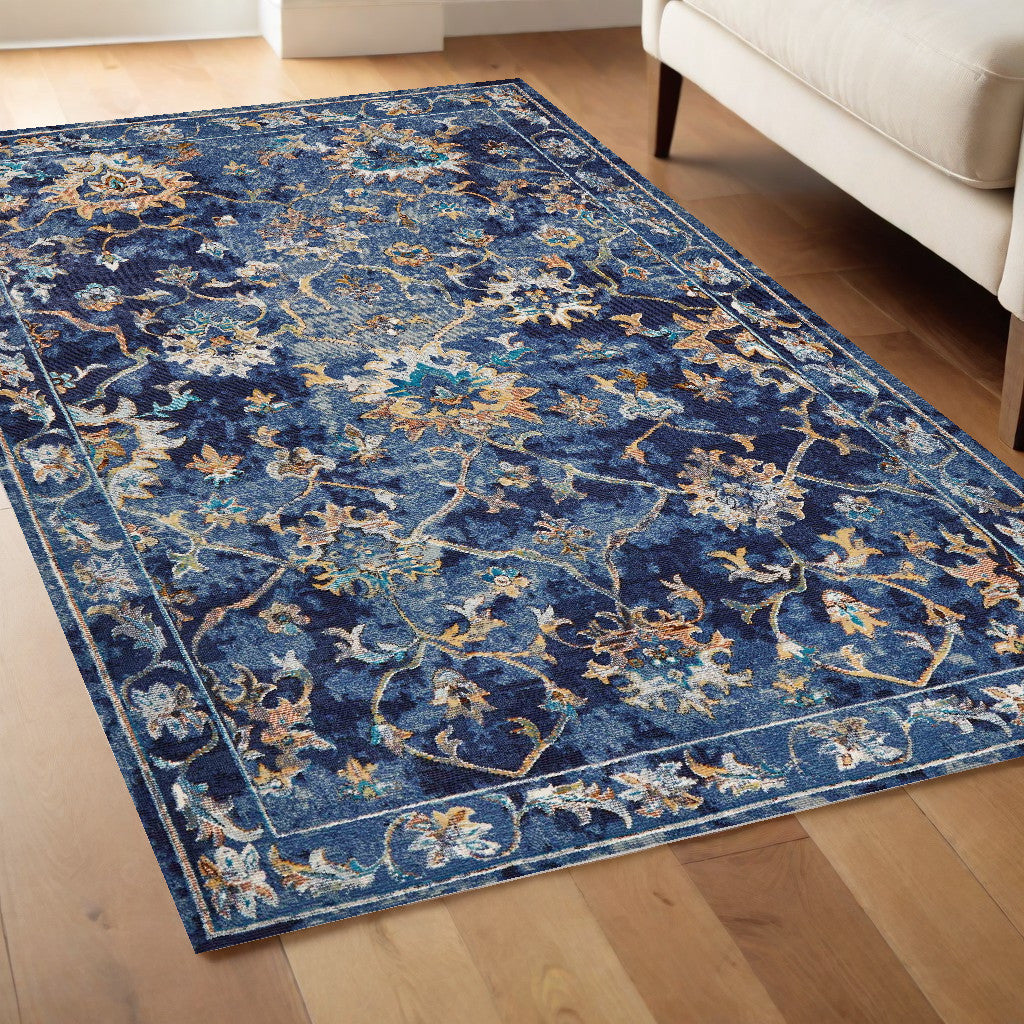 8' X 10' Blue Aqua and Gold Oriental Distressed Area Rug